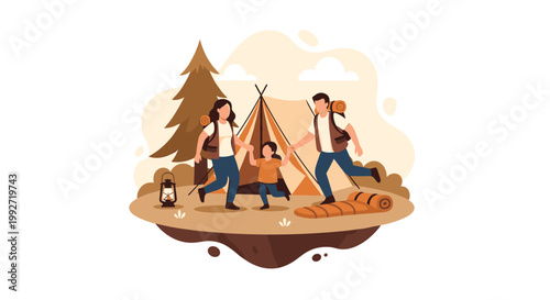 A happy family of three runs joyfully toward their pitched tent in a serene forest clearing surrounded by tall pine trees and warm autumn earth tones.
