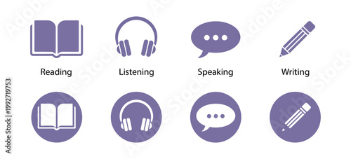 Language skill icon set with speaking listening reading writing education test logo circle symbols clean modern vector design illustration