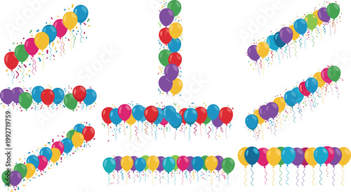 Colorful balloon garlands with confetti and ribbons set, festive decoration elements for party and celebration, vector illustration collection