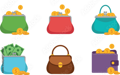 Money purses and wallet with coins and cash set, colorful finance and savings concept collection, vector illustration
