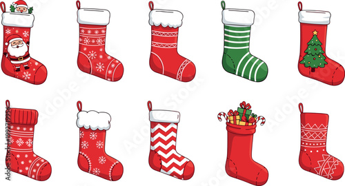 Christmas stockings set with festive patterns and decorations, holiday socks collection with Santa tree and ornaments, vector illustration