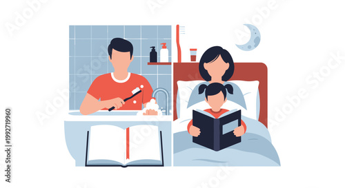 Warm domestic split-screen scene portrays a man performing morning hygiene in a blue bathroom alongside a mother reading a bedtime story to her daughter.