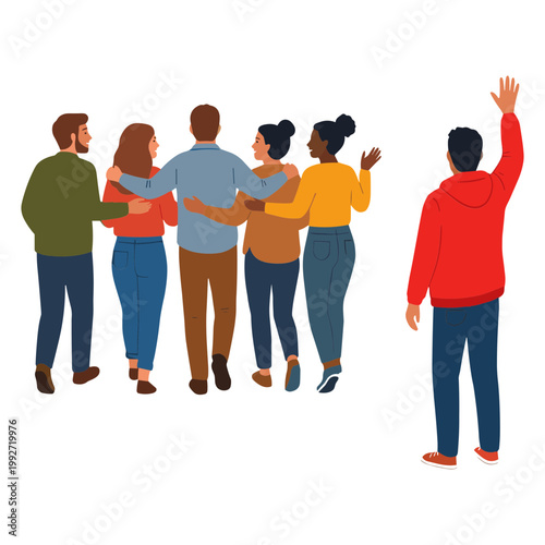 A group of diverse people standing together with one waving their hand in greeting.