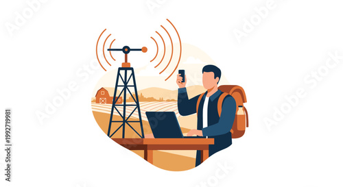 Modern digital nomad wearing a blue jacket and backpack works on a laptop while holding a smartphone near a tall wireless telecommunications tower in rural fields.