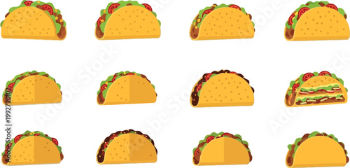 Taco set with various fillings, Mexican fast food collection with crunchy shells, meat and vegetables, vector illustration
