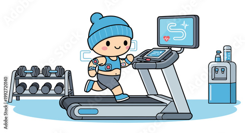 Cartoon Character Running on Treadmill Wearing Blue Beanie.