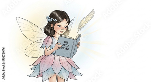 Cute fairy girl holding The Little Seeker book with floating feather