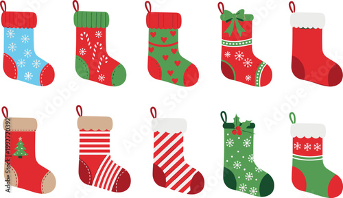 Christmas stockings collection with festive patterns, holiday socks set with snowflakes stripes and decorations, vector illustration
