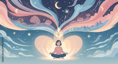 Woman meditating with colorful energy aura in peaceful night sky