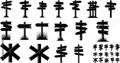 Wooden direction signposts silhouettes set, blank arrow road signs collection with multiple pointers, navigation and guidance vector illustration