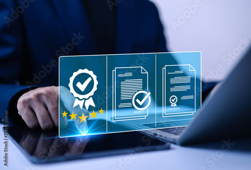 Quality assurance and certification concept with digital document approval interface, business compliance, audit process, standard verification, rating system and online validation for corporate 