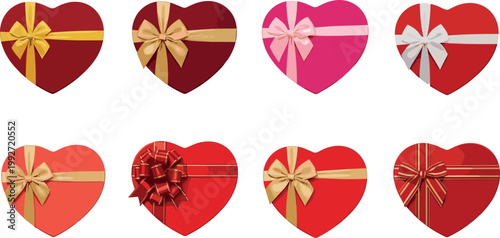 Heart shaped gift boxes with ribbons and bows set, romantic present collection for Valentine celebration, decorative vector illustration