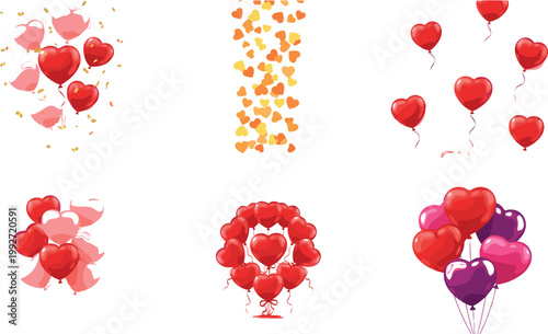 Heart shaped balloons with confetti and romantic elements set, love celebration decorations for Valentine day, vector illustration collection