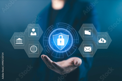 Cyber security and data protection concept with digital lock shield and network icons, business technology interface for privacy, cloud security, encryption, and information safety in modern digital