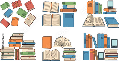 Books collection with stacks and open pages, library and education concept set, textbooks and reading materials vector illustration