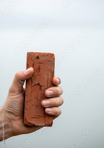 Man's Hand Holding a Single Red Clay Brick Against a Plain Background