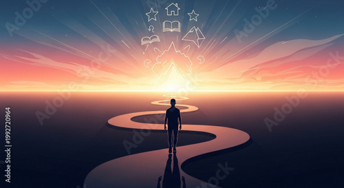 Person walking towards bright horizon with floating life icons