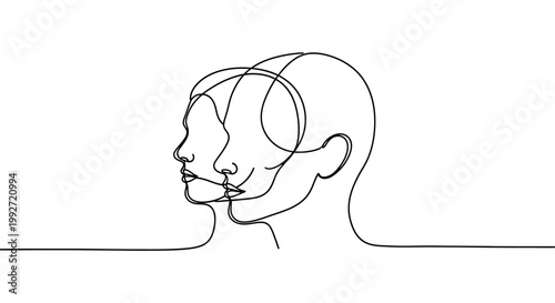 Continuous line drawing of two faces in profile one inside the other expressing duality and connection