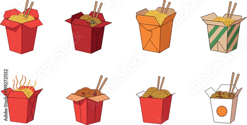 Takeaway noodle boxes with chopsticks, colorful Asian fast food containers set, different packaging styles with hot noodles vector illustration