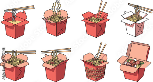 Instant noodle boxes with chopsticks, takeaway Asian fast food packaging set, different opened containers with noodles vector illustration collection