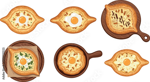 Collection of khachapuri cheese bread with egg, traditional Georgian pastry dishes on plates and pans, detailed vector illustration set