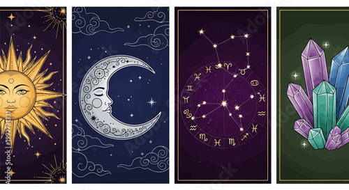 Astrology symbols with sun moon zodiac crystals on mystical backgrounds