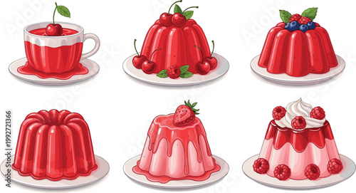 Set of red jelly desserts with berries, glossy gelatin puddings, fruit toppings, sweet treats vector illustration collection