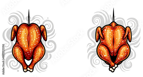 Whole roasted chickens on a spit in cartoon style. The chickens have golden, shiny skin, suggesting they are ready to eat. White background.