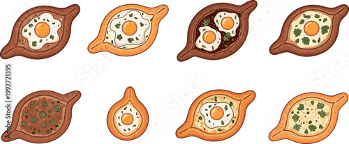 Assorted khachapuri variations with cheese and egg, traditional Georgian bread boats in different styles, detailed vector food illustration set