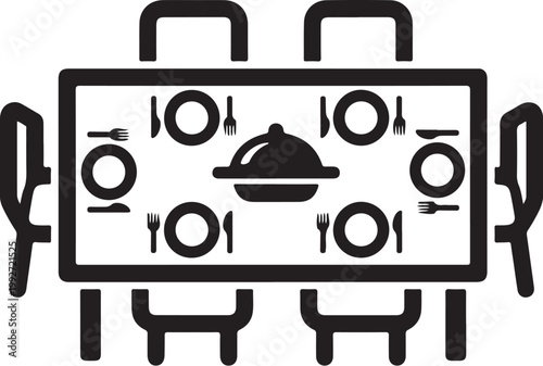 Dining table setting, restaurant tableware, black icons, vector graphics, flat design