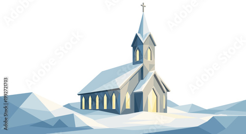 Festive Christmas Eve scene with a snow-covered church illuminated warmly, set against a serene winter landscape with geometric snowdrifts and a clear sky
