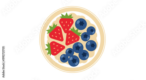 Illustration of a bowl filled with creamy oatmeal topped with fresh strawberries and blueberries, set against a white background, emphasizing healthy breakfast options
