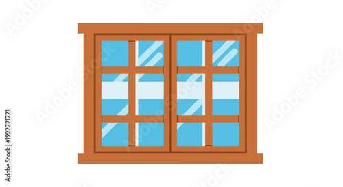 Illustration of a wooden window with a geometric lattice pattern and blue glass panes on a white background