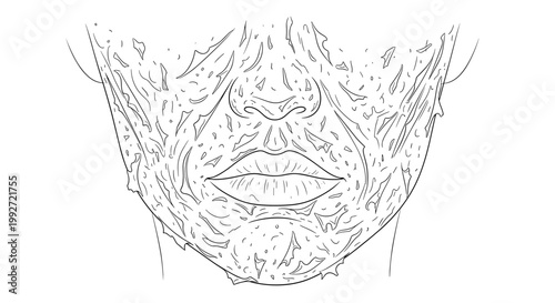 Detailed illustration of a persons face with skin peeling, showcasing intricate line work on a white background, emphasizing texture and transformation