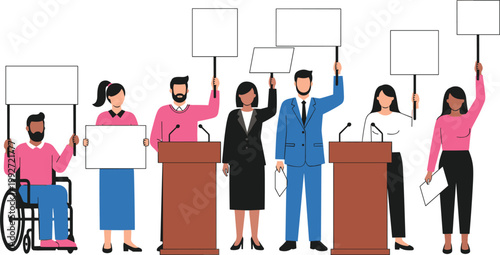 Diverse People Group at Political Rally or Press Conference with Protesters Holding Blank Signs and Speakers at Podiums for Democracy Election and Human Rights Vector Illustration