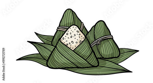 Illustration of rice dumplings wrapped in green leaves, showcasing traditional Asian cuisine on a white background, leaf