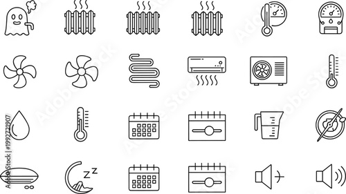 Climate control line icons set heating cooling temperature air conditioner fan humidity weather vector collection symbols