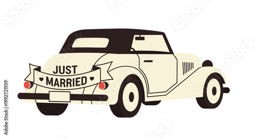 Illustration of a vintage wedding car with Just Married sign, featuring classic cream and black colors, capturing a timeless romantic atmosphere