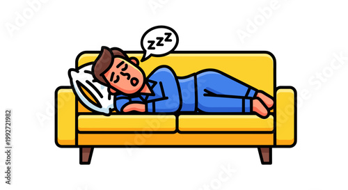 Illustration of a man peacefully sleeping on a bright yellow couch, wearing blue pajamas, with a white pillow and a cartoon speech bubble showing zzz above his head