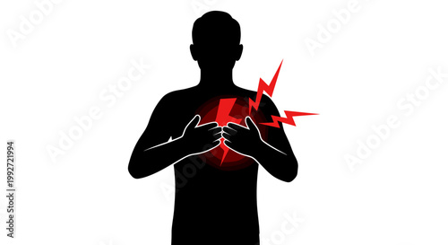 Silhouette of a man clutching his chest with red graphic symbols indicating pain, against a stark white background, conveying discomfort or heart issues