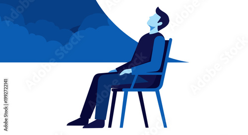 Illustration of a man sitting outside under a night sky, gazing upwards, surrounded by abstract shapes and deep blue hues, creating a contemplative mood