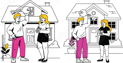 Couple looking at houses vector illustration real estate property illustration architecture investment new home residential agreement