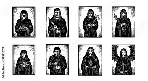 Monochrome illustrations of eight hooded figures in dark robes holding various objects in square panels