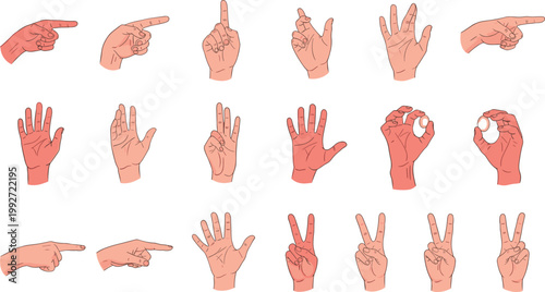 Set of hand gestures vector illustrations showing pointing counting and different human finger signs communication collection