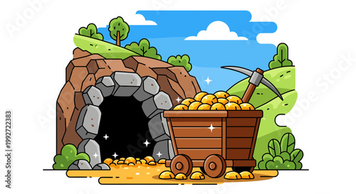A vibrant cartoon scene depicts a mine entrance with a wooden cart overflowing with golden nuggets, a pickaxe, and a lush green landscape under a bright blue sky, perfect for
