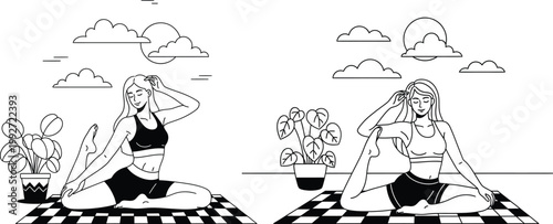 Two women in athletic wear practicing yoga poses in an outdoor setting with plants and a patterned mat outdoor fitness wellness exercise activity