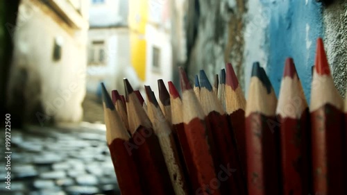 Colorful pencils arranged in a vibrant alleyway scene