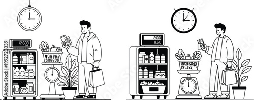 Man organizing food and drinks in a refrigerator and on shelves clocks on the wall indicating time household management daily life household