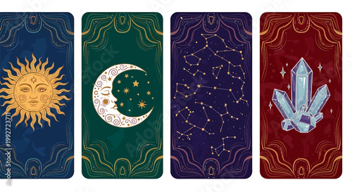 Four mystical tarot cards with sun moon stars and crystal illustrations on colorful backgrounds