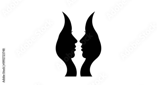 Two black silhouettes of human faces in profile opposing minimalist illustration symbolic design